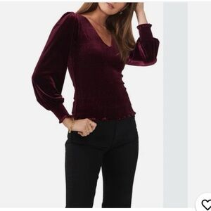 State Velvet V-Neck Long Sleeve Smocked  Top in Port Wine